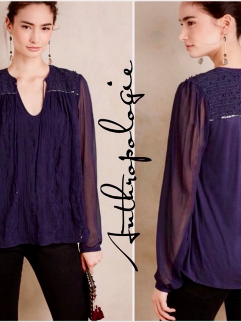 Anthropologie Tiny "Paix" Navy Embroidered Peasant Boho Blouse